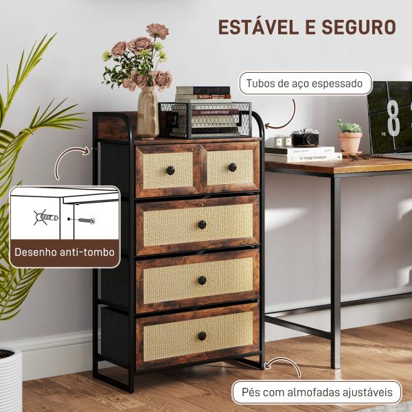 Cómoda de Tecido Cómoda para Dormitório com 5 Gavetas com Frente em Vime e Prateleira 58x29x99 cm Marrom Rústico