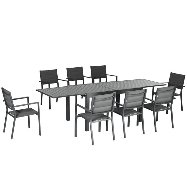Conjunto de Jardim Refeição de 9 Peças com Mesa Extensível 8 Cadeiras Empilháveis 135 - 270x89x74cm Cinza
