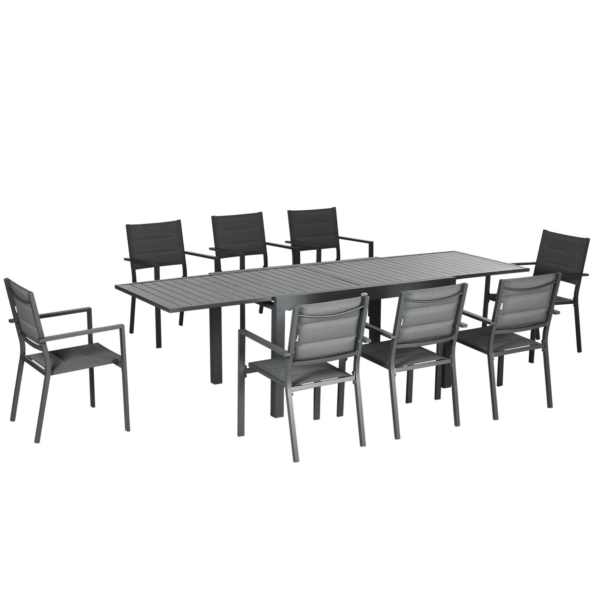 Conjunto de Jardim Refeição de 9 Peças com Mesa Extensível 8 Cadeiras Empilháveis 135 - 270x89x74cm Cinza