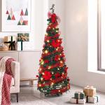 Árvore de Natal Artificial de 150 cm com 100 Luzes LED, 150 Ramos, 11 Modos, Bolas, Fitas e Base Dobrável, Verde e Vermelho