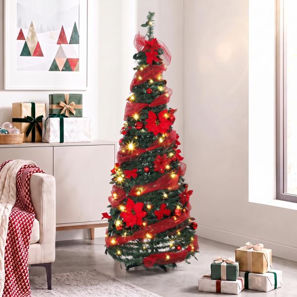Árvore de Natal Artificial de 150 cm com 100 Luzes LED, 150 Ramos, 11 Modos, Bolas, Fitas e Base Dobrável, Verde e Vermelho