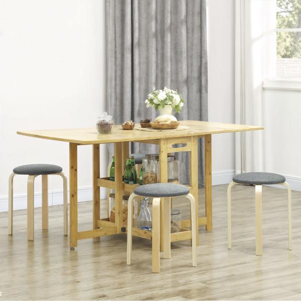 Conjunto de 4 Bancos Empilháveis Redondos Bancos Baixos de Cozinha com Assento Acolchoado Ø40x45 cm Cinzento e Madeira