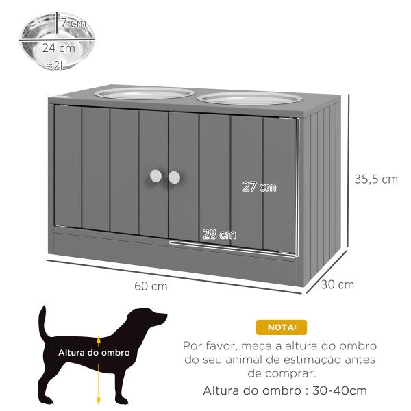 Comedouro Elevado Cinzento para Cães Grandes com 2 Tigelas de 2L, 2 Portas e Arrumação, 60x30x35,5 cm