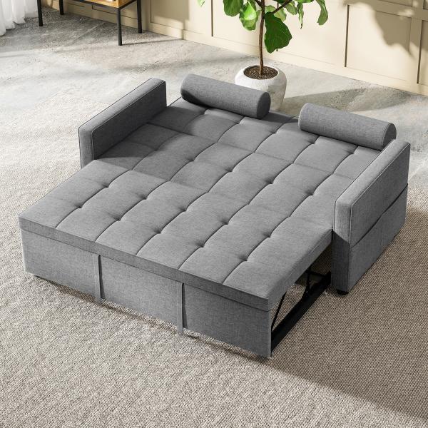 Sofá - Cama 2 Lugares 3 em 1 Deslizante em Tecido Linho com Encosto Ajustável Bolsos 2 Almofadas para Sala de Estar Cinzento