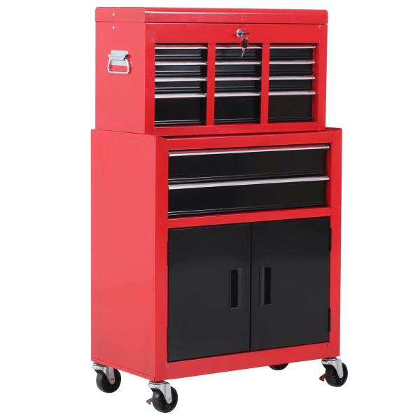 Carrinho de Ferramentas com Baú Superior 6 Gavetas Armário Fechadura e 4 Ganchos para Garagem 61,6x33x108 cm Vermelho
