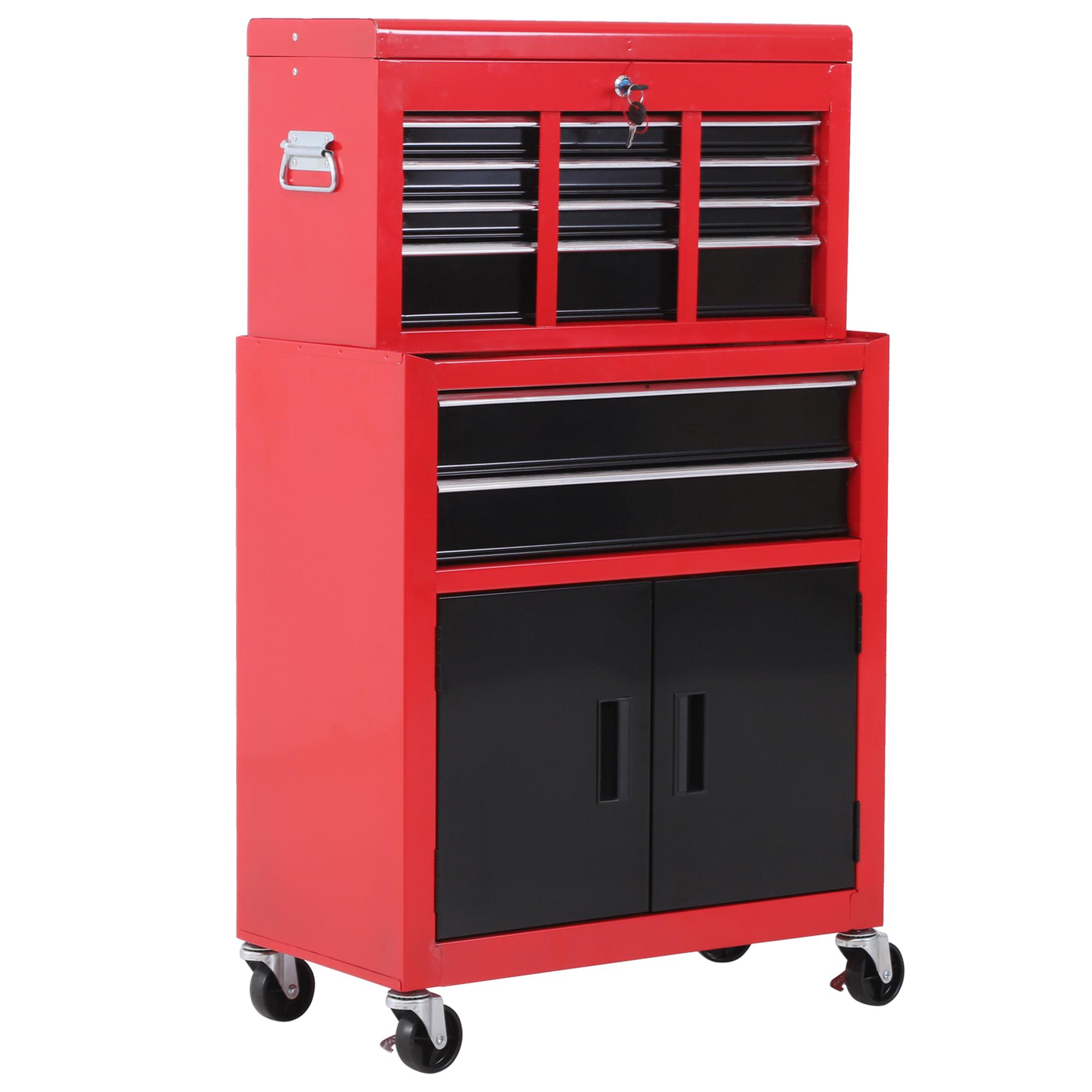 Carrinho de Ferramentas com Baú Superior 6 Gavetas Armário Fechadura e 4 Ganchos para Garagem 61,6x33x108 cm Vermelho
