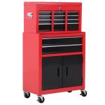 Carrinho de Ferramentas com Baú Superior 6 Gavetas Armário Fechadura e 4 Ganchos para Garagem 61,6x33x108 cm Vermelho