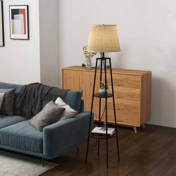 Candeeiro de Pé com 2 Prateleiras Soquete E27 40 W Abat - Jour Têxtil 42x42x166 cm Preto