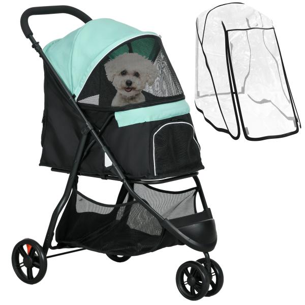 Carrinho para Cães Dobrável para Cães Pequenos com Cesta de Armazenamento Janela de Malha Capa para Chuva 80,5x51,5x100 cm Verde
