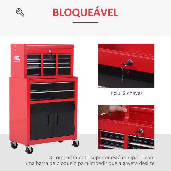 Carrinho de Ferramentas com Baú Superior 6 Gavetas Armário Fechadura e 4 Ganchos para Garagem 61,6x33x108 cm Vermelho