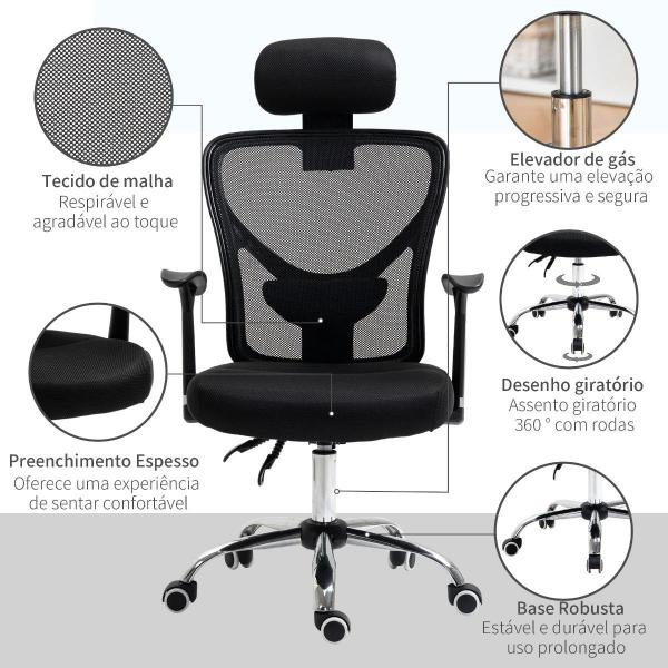 Cadeira de Escritório Ergonômica Cadeira de Escritório Giratória com Altura Ajustável Função Reclinável Apoio para a Cabeça e Suporte Lombar 65x67x108 - 118cm Preto