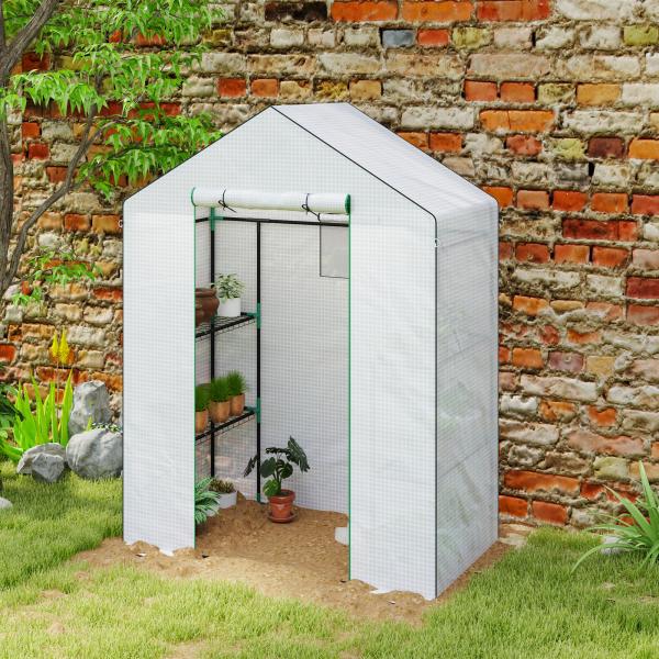 Estufa de Jardim com 1 Porta 2 Janelas e Prateleiras de 2 Níveis em Forma de U para Cultivo de Plantas 140x73x190 cm Branco