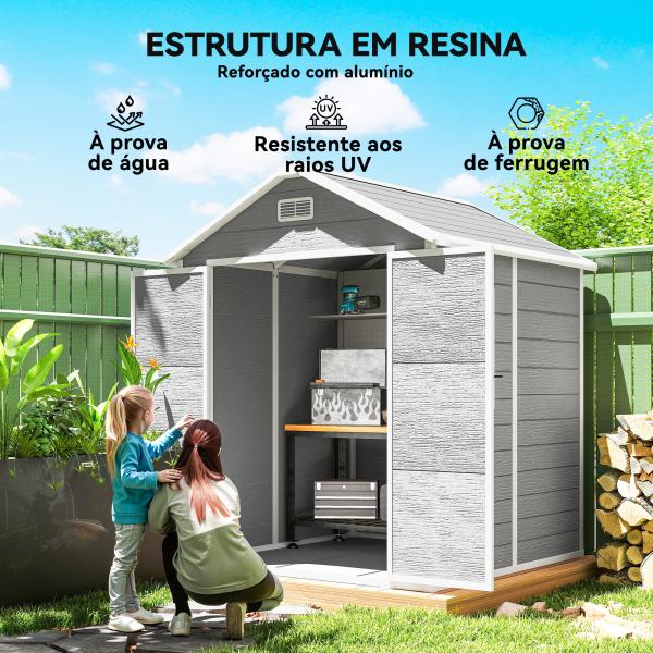 Abrigo de Jardim em Resina 182x151x219 cm com Piso Janela Ventilação Portas Duplas Cinzento