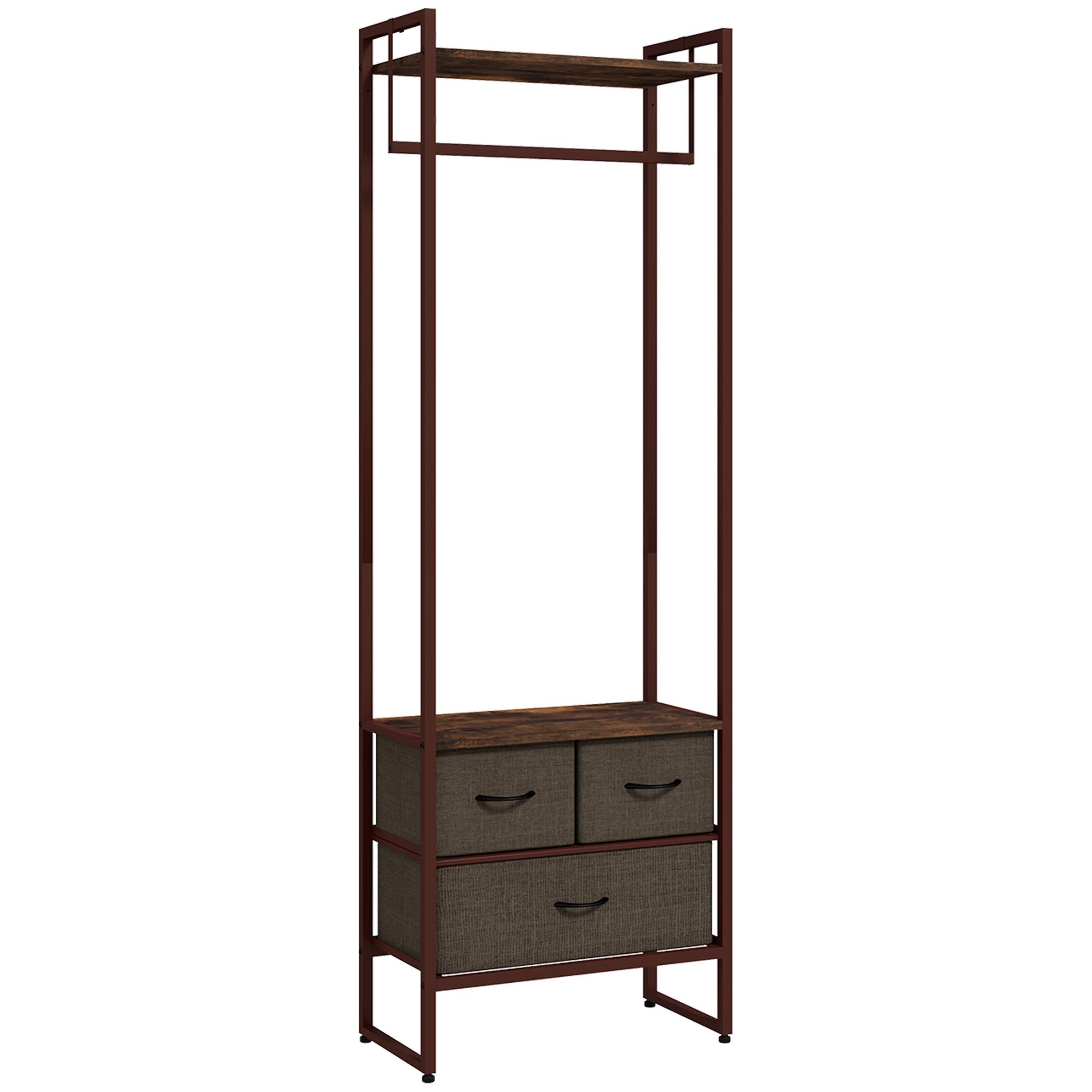 Suporte para Cabides com 3 Gavetas de Tecido Barra para Pendurar e Prateleira para Entrada Quarto 58,5x30x178 cm Castanho Rústico