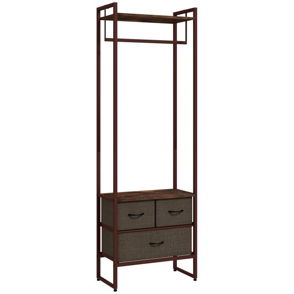 Suporte para Cabides com 3 Gavetas de Tecido Barra para Pendurar e Prateleira para Entrada Quarto 58,5x30x178 cm Castanho Rústico
