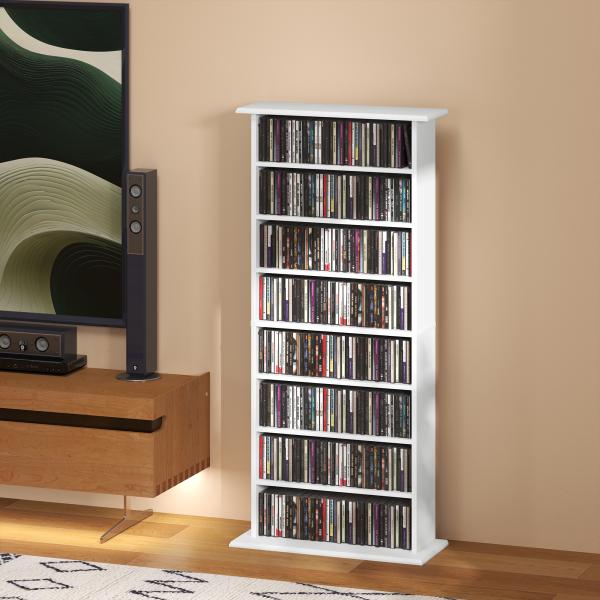 Estante Estreita para CDs e DVDs com 8 Compartimentos Prateleiras Ajustáveis 58x24x126,3 cm Branco