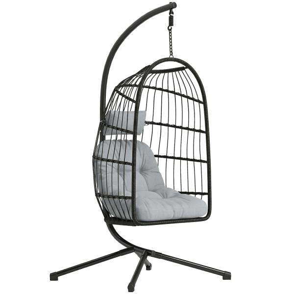 Cadeira Suspensa com Suporte Cesto Dobrável de Vime Almofada Grossa e Altura Ajustável 101x105x196 cm Cinza Claro