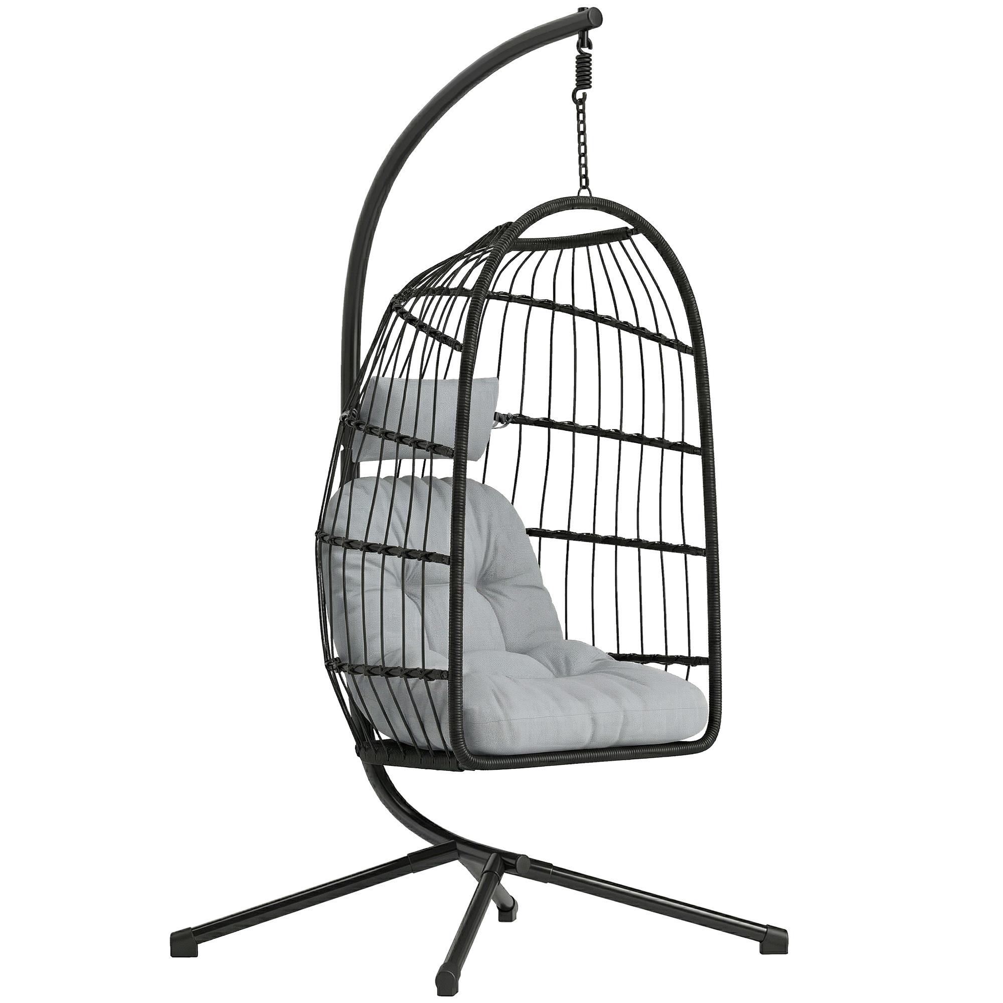 Cadeira Suspensa com Suporte Cesto Dobrável de Vime Almofada Grossa e Altura Ajustável 101x105x196 cm Cinza Claro