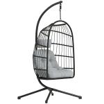 Cadeira Suspensa com Suporte Cesto Dobrável de Vime Almofada Grossa e Altura Ajustável 101x105x196 cm Cinza Claro
