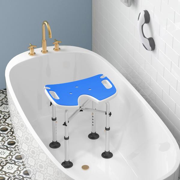 Banco de Duche para Idosos Antiderrapante com Barra de Apoio Altura Regulável e Assento em Forma de U 48,5x33x39 - 51,5 cm Azul