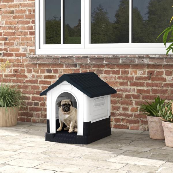 Casa para Cães Mini de Exterior em Plástico com 3 Janelas Base Elevada Telhado Inclinado 64,5x57x66 cm Cinzento Escuro