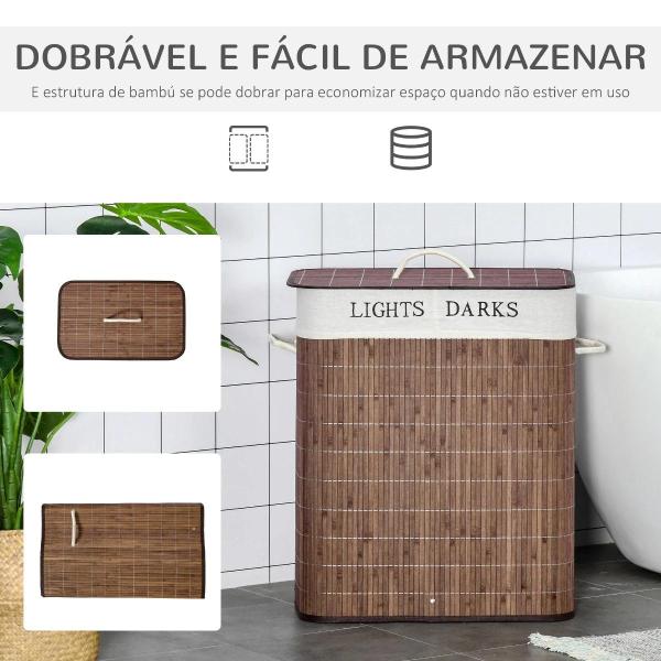 Cesto de Roupa de Bambú Capacidade de 100L Cesta para Roupa Suja Retangular com Tampa Removível Bolsa com 2 Compartimentos 52x32x63cm Marrom