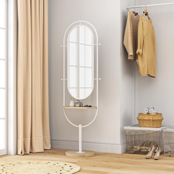 Espelho de Pé 50x175,5 cm Espelho de Corpo Inteiro com Bandeja de Madeira 4 Ganchos e Estrutura de Metal 50x40x175,5 cm Branco
