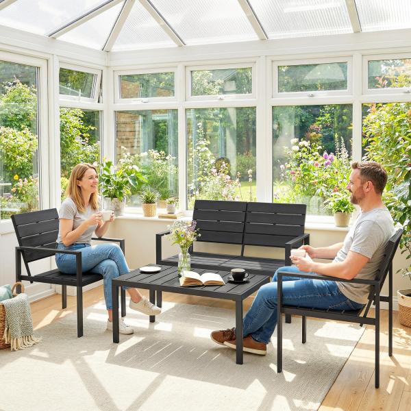 Conjunto de Móveis de Jardim para 4 Pessoas - Sofá de 2 Lugares, 2 Cadeiras e Mesa de Centro - Preto