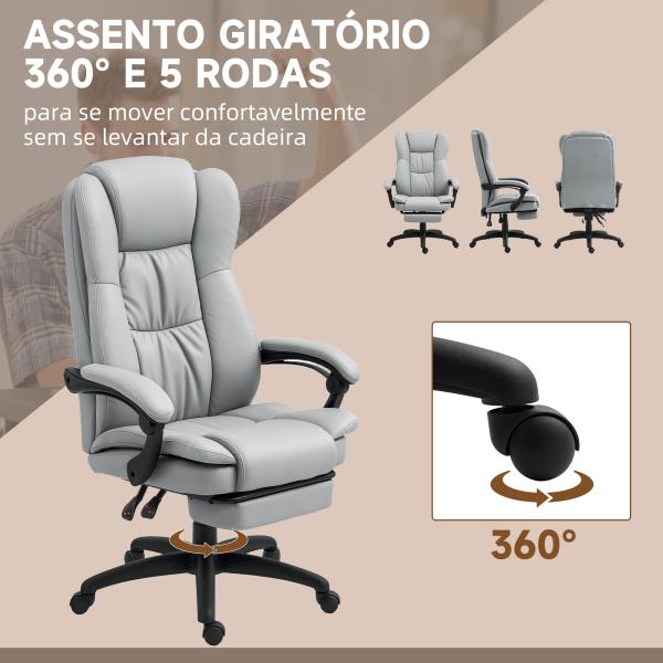 Cadeira de Escritório com Altura Ajustável 6 Pontos de Massagem e Apoio para os Pés Retrátil 68,5x68,5x113 - 121 cm Cinza