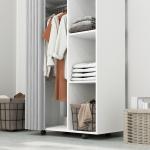 Roupeiro com Rodas, Cortina, Barra para Pendurar Roupa e 3 Prateleiras Abertas para Quarto, 80x40x128 cm, Branco