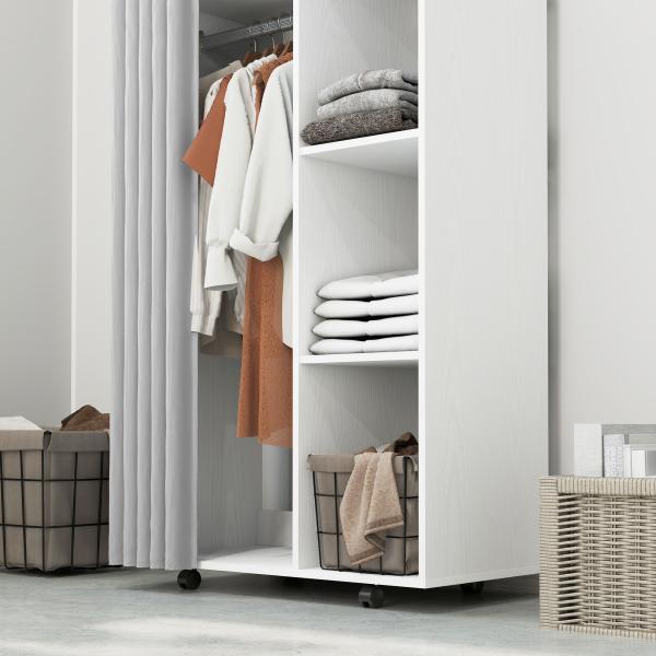Roupeiro com Rodas, Cortina, Barra para Pendurar Roupa e 3 Prateleiras Abertas para Quarto, 80x40x128 cm, Branco