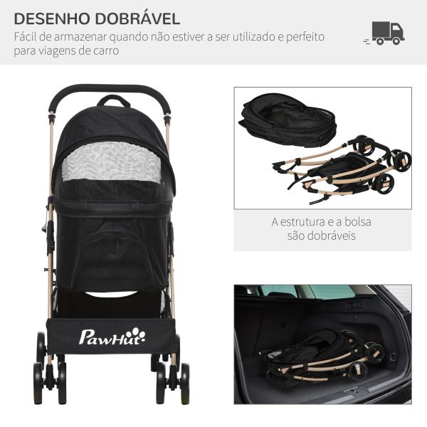 Carrinho para Animais de Estimação 3 em 1 Dobrável com Bolsa de Transporte Cesta de Armazenamento e Travão 82x49,5x98cm Preto