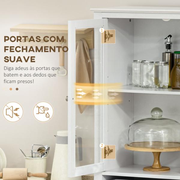 Armário de Cozinha com 4 Portas de Vidro Temperado Gaveta e Prateleiras Ajustáveis 74x35,5x181,5 cm Branco