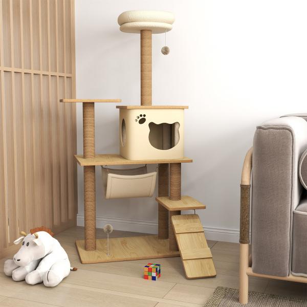 Árvore Arranhadora para Gatos Torre de Escalada com Plataformas Rede Escada Caverna Postes para Arranhar de Juta Bola Supensa e Descanso 60x40x130cm Bege