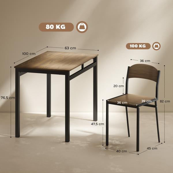Conjunto de Mesa e Cadeiras de Refeição Mesa de Cozinha Retangular com 4 Cadeiras Estilo Moderno Castanho Escuro e Preto