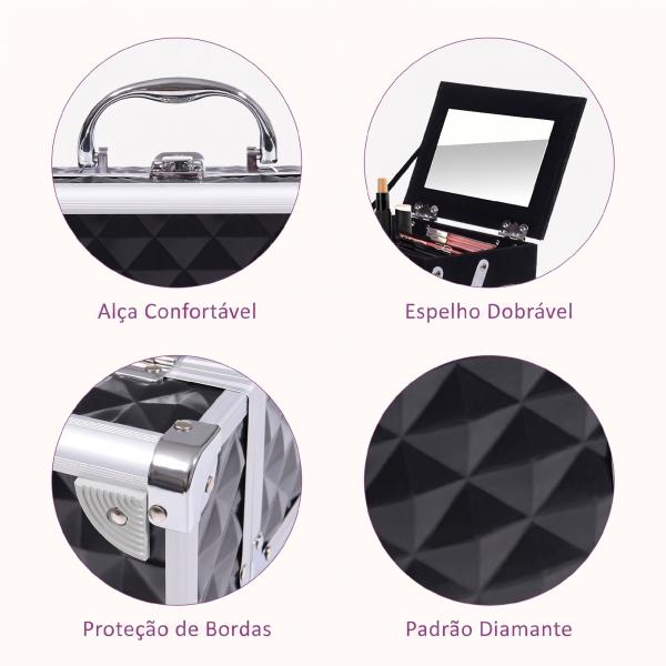 Estojo de Maquilhagem Organizador Cosméticos Profissional Portátil com Fecho e Vários Compartimentos 20x15x15 cm, Preto