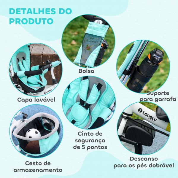 Triciclo para Bebés 2 em 1 de +12 Meses com Capota Dobrável Guiador Telescópico e Removível Bolsa e Porta - Garrafas Verde Água