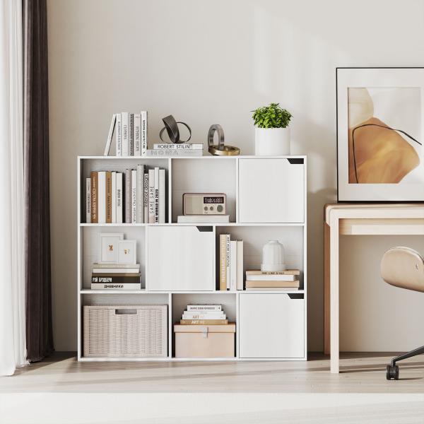 Estante para Livros de 3 Níveis com 9 Cubos, 3 Portas e 6 Compartimentos Abertos, 106x24x95 cm, Branco