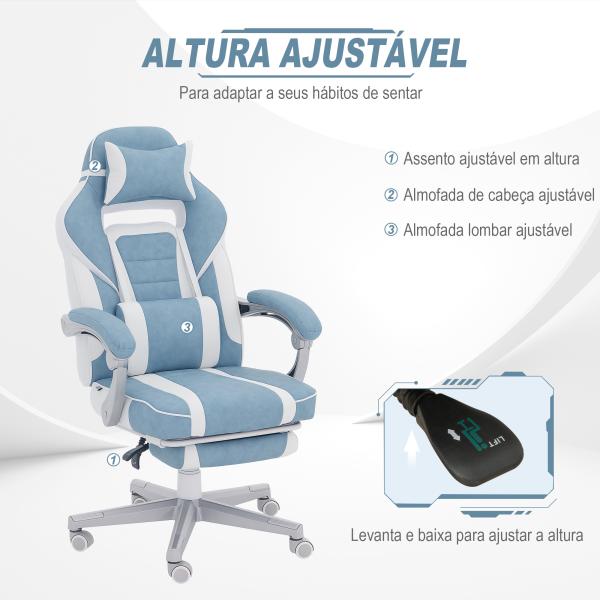 Cadeira Gaming Cadeira de Escritório Reclinável Apoio para os Pés Retrátil Suporte Lombar e Almofada para a Cabeça 63x63x115,5 - 123 cm Azul