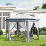 Tenda Dobrável 4x3,4 m Tenda de Jardim Hexagonal com Duplo Tecto 6 Mosquiteiras Destacáveis e Saco de Transporte Cinzento