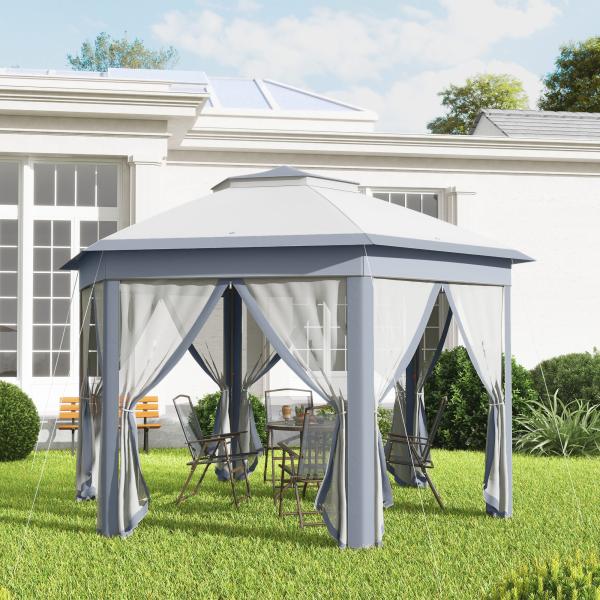 Tenda Dobrável 4x3,4 m Tenda de Jardim Hexagonal com Duplo Tecto 6 Mosquiteiras Destacáveis e Saco de Transporte Cinzento