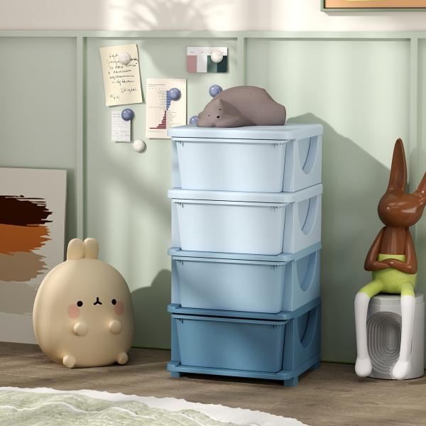 Organizador de Brinquedos com 4 Gavetas Torre de Arrumação para Crianças +3 Anos Cantos Arredondados e Pegas 37x37x76 cm Azul