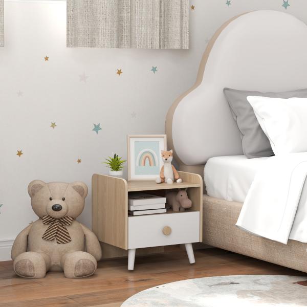Mesa de Cabeceira Infantil de Madeira Mesa de Cabeceira para Crianças com Gaveta Bordas Redondas 40x32,5x40 cm Branco e Madeira