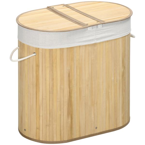 Cesto de Roupa Suja de Bambu 100L com 2 Compartimentos e Forro Removível 62,5x37x60,5 cm Madeira