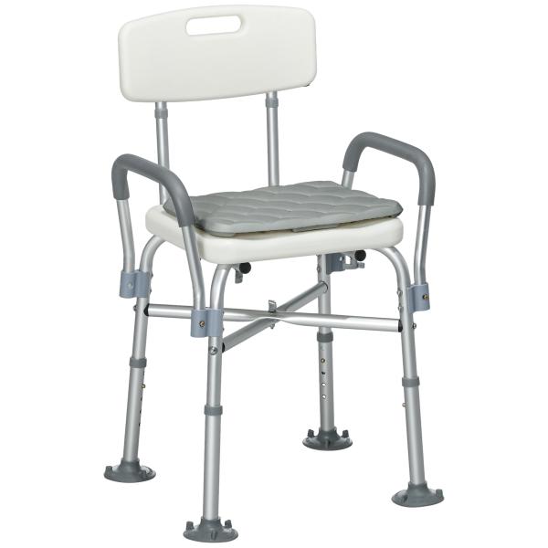 Cadeira de Duche para Idosos com Encosto Apoios de Braço Altura Ajustável Almofada Acolchoada Removível 53,5x52x80 - 90 cm Branco