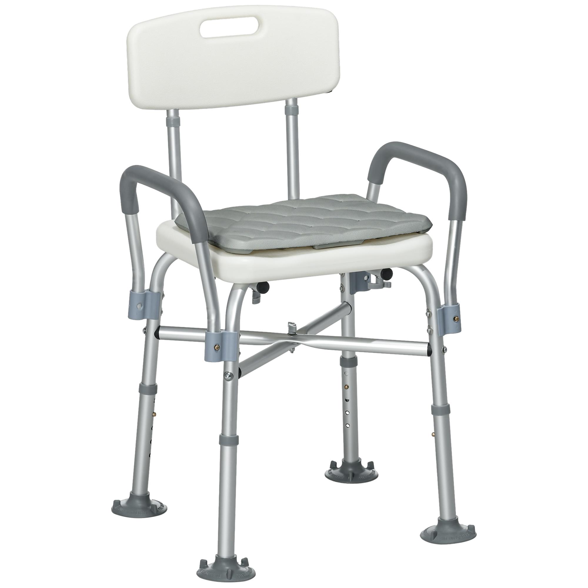 Cadeira de Duche para Idosos com Encosto Apoios de Braço Altura Ajustável Almofada Acolchoada Removível 53,5x52x80 - 90 cm Branco