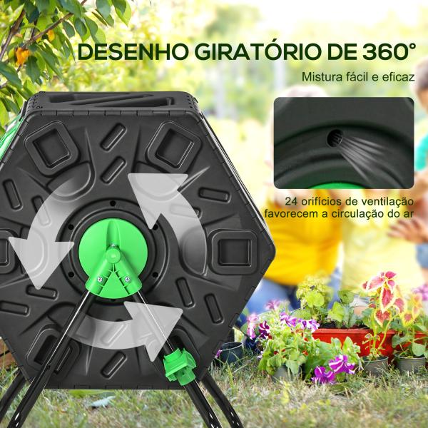 Compostor Giratório de 65L Recipiente de Compostagem de Jardim com Câmera Dupla Aberturas de Ventilação 60x49x77 cm Preto