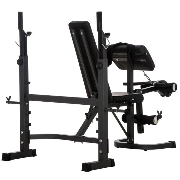 Banco de Musculação Multifuncional Banco de Pesos com Encosto Inclinável e Suporte de Barras com Altura Ajustável para Treinamento do Corpo Completo 187x140x117 - 136cm Preto