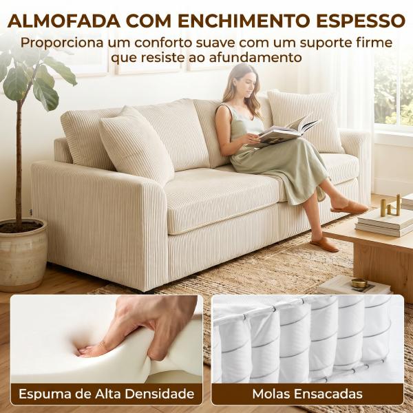 Sofá de 3 Lugares Moderno 212x80x88 cm Sofá Sala de Estar Estofado com 2 Almofadas Apoio de Braços e Estrutura de Aço Creme
