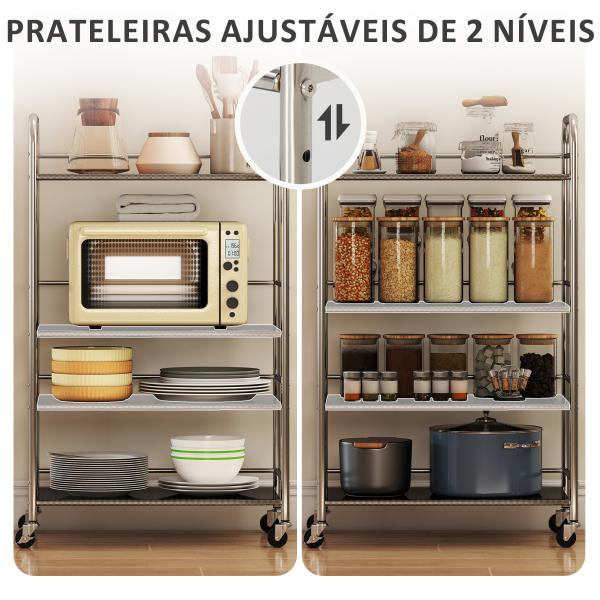 Carrinho Auxiliar com Rodas de Aço Inoxidável de 4 Níveis com Prateleira Ajustável 2 Rodas com Travão 60x35x100 cm Prateado